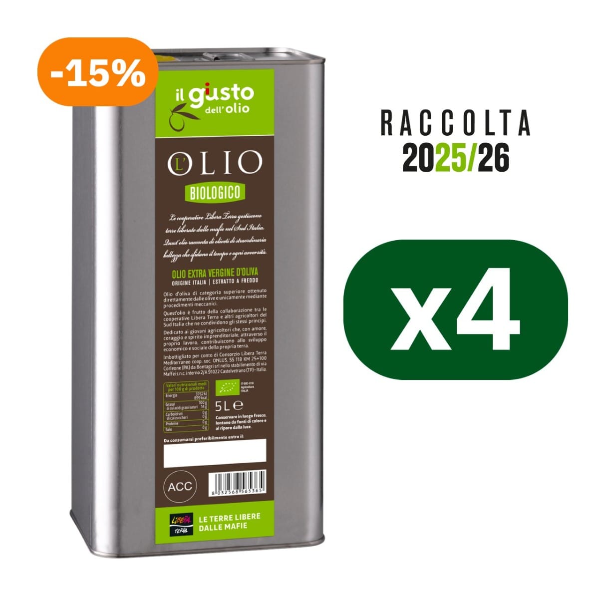 Multipack Olio Extra Vergine d'Oliva  Biologico in latta 4x5 L 