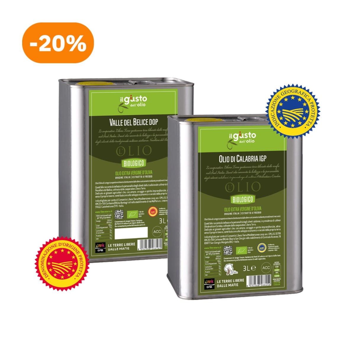 Multipack Olio Extra Vergine d'Oliva  Biologico in latta - DOP Valle del Belice - IGP Calabria - 2x3L  